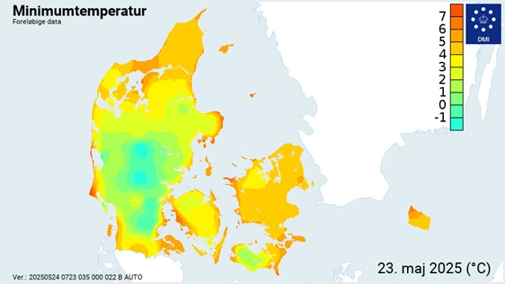 Minimumstemperaturer i to meters højde fra DMI den 23. maj 2025.